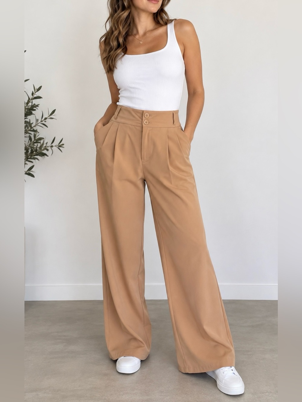 HALARA Women Wide Leg High-Waist Pants in Camel Tan Size Large